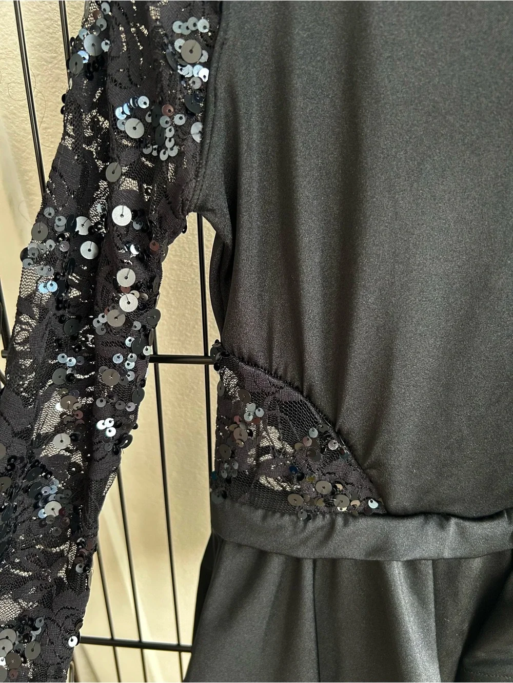 Weissman Dance Costume Black Sequin-Sleeve Asymmetrical Biketard Size MC - 10/12